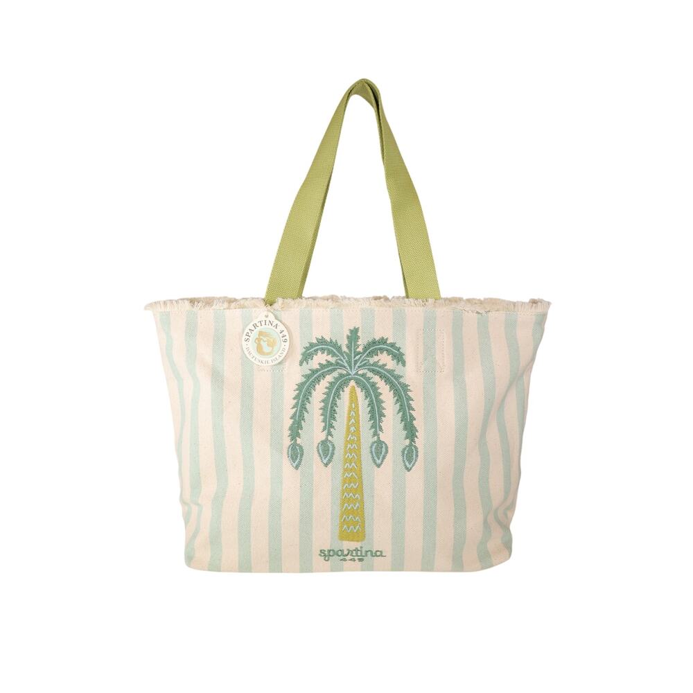 Spartina 449 Canvas Beach Tote – Sea Foam Embroidered Palm Tree Stripe - NWT